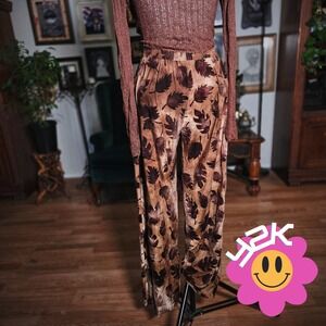 Vintage Y2K Gypsy Junkies Leaf Print Wide Leg Pants Brown Boho Festival